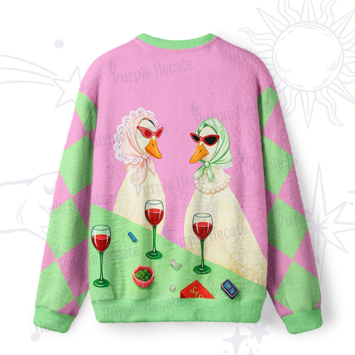 Purplehecate Tipsy Goose Wine Party Fuzzy Ugly Sweatshirt