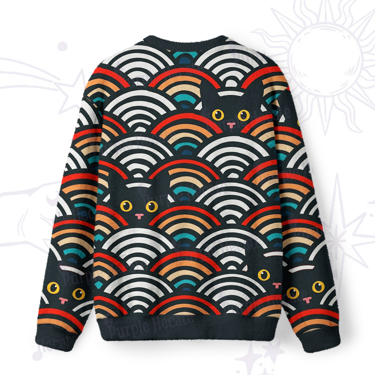 Purplehecate Rainbow Black Cat Waves Fuzzy Ugly Sweatshirt