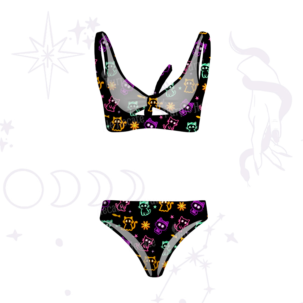 Purplehecate Neon Cat Party Versa-Tie Two-Piece Swimsuit