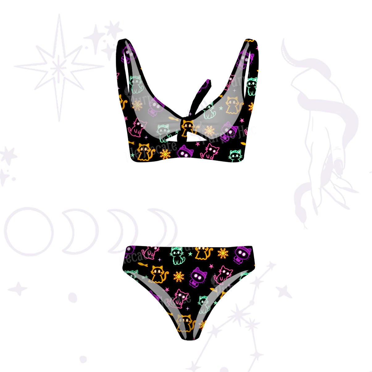 Purplehecate Neon Cat Party Versa-Tie Two-Piece Swimsuit