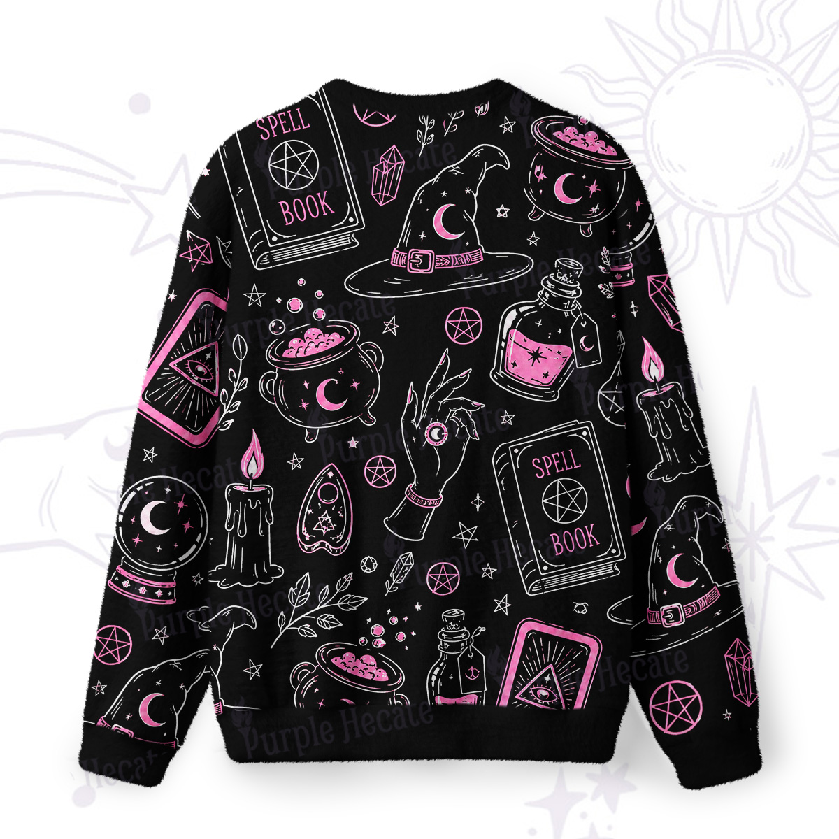 Purplehecate Witchcraft Spell Book and Potion Bottle Fuzzy Ugly Sweatshirt