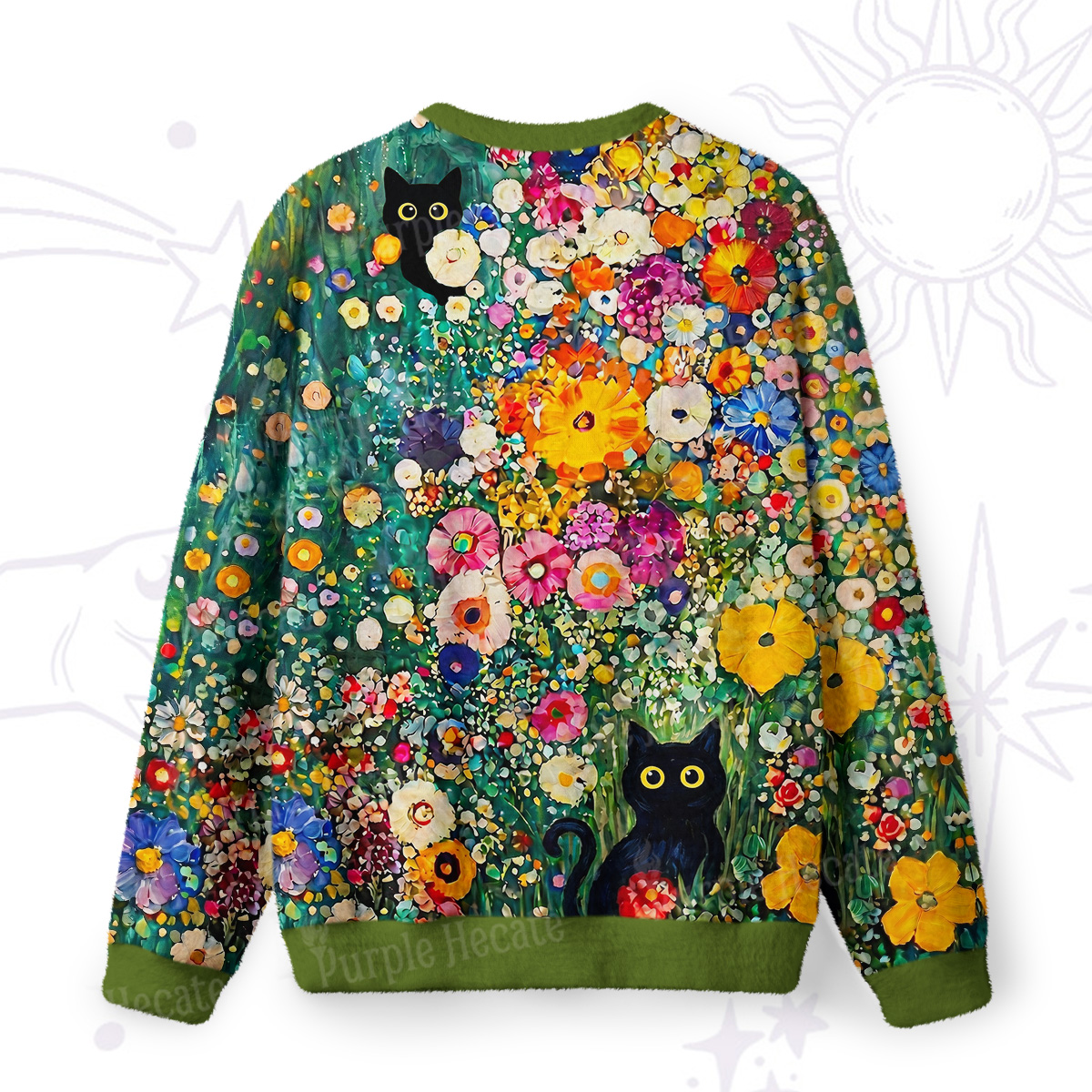 Purplehecate Fluffy Black Cat in Colorful Flower Field Fuzzy Ugly Sweatshirt