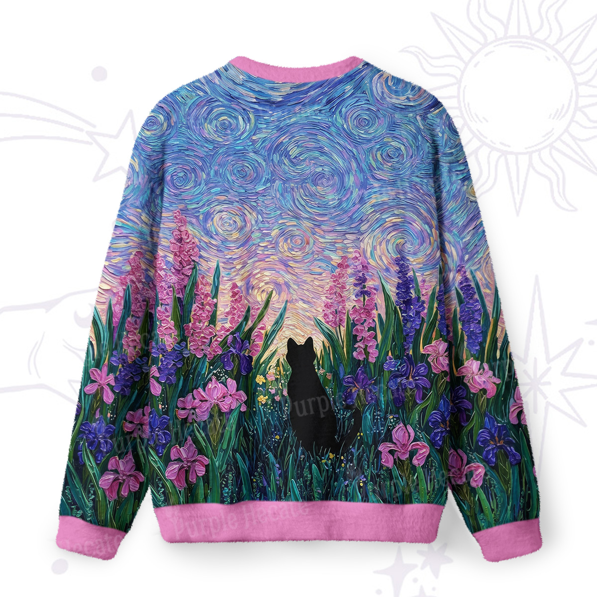 Purplehecate Starry Mystic Night Garden Cat Fuzzy Ugly Sweatshirt