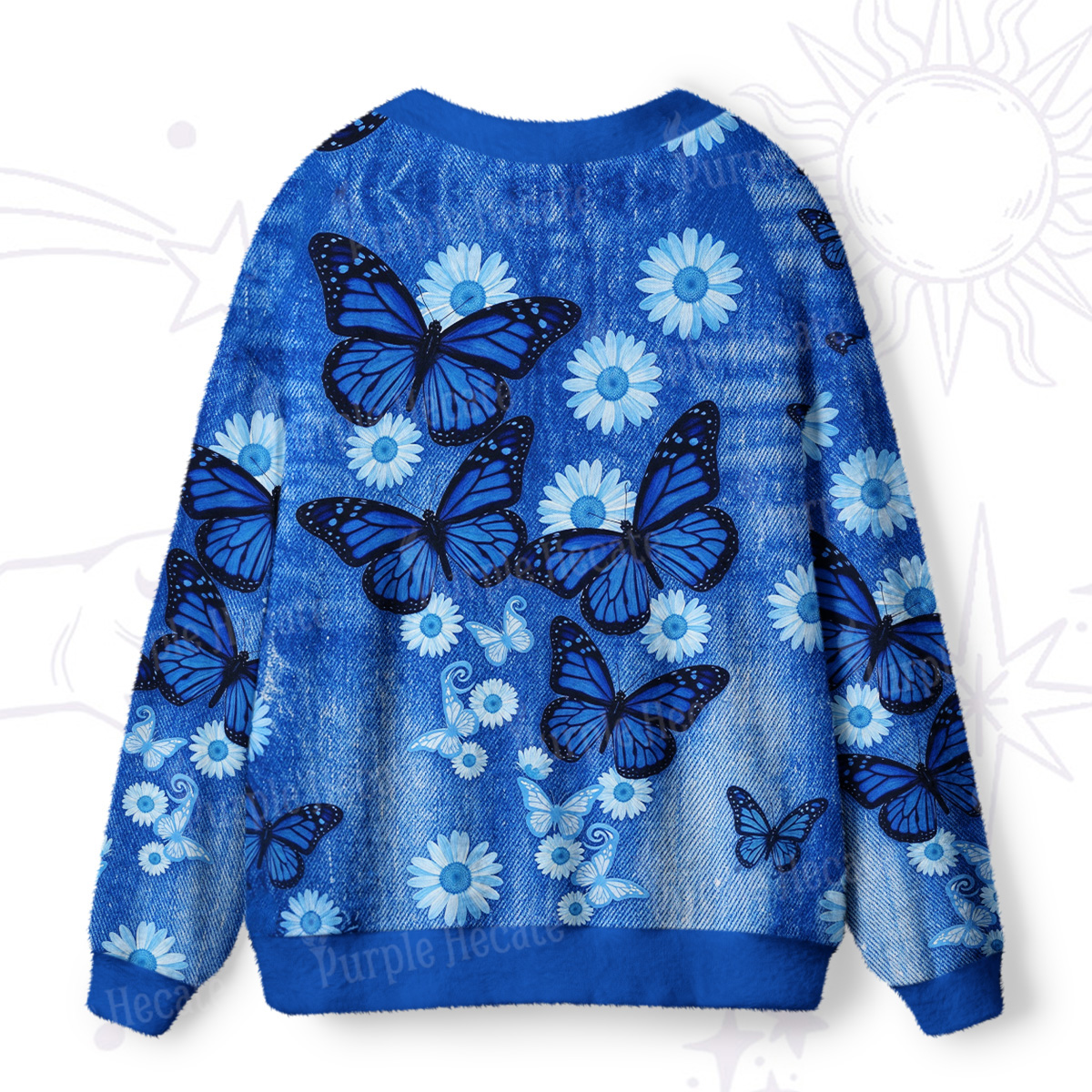 Purplehecate Blue Butterfly Daisy Dance Ugly Cardigan Sweaters
