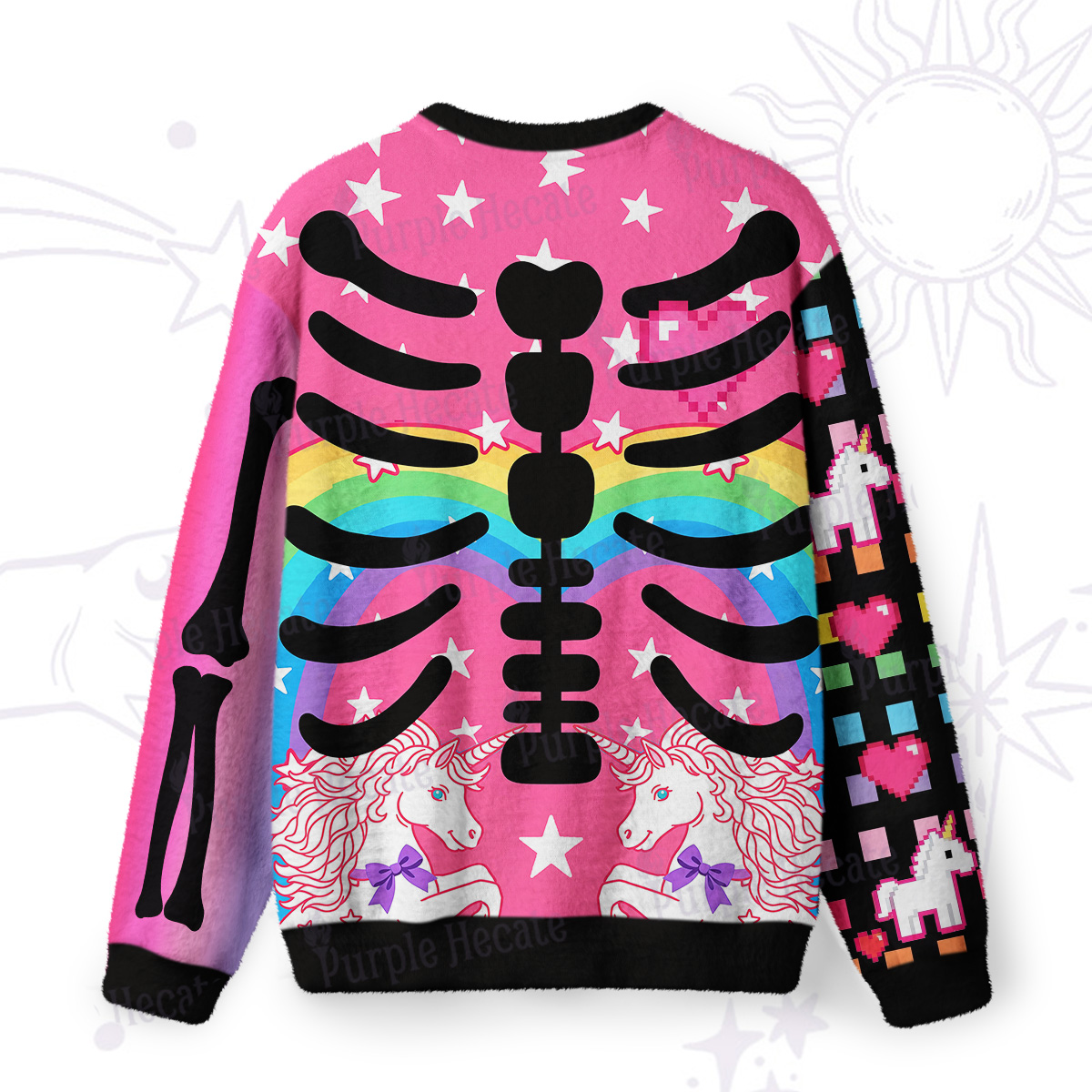 Purplehecate Rainbow Unicorn Skeleton Fuzzy Ugly Sweatshirt