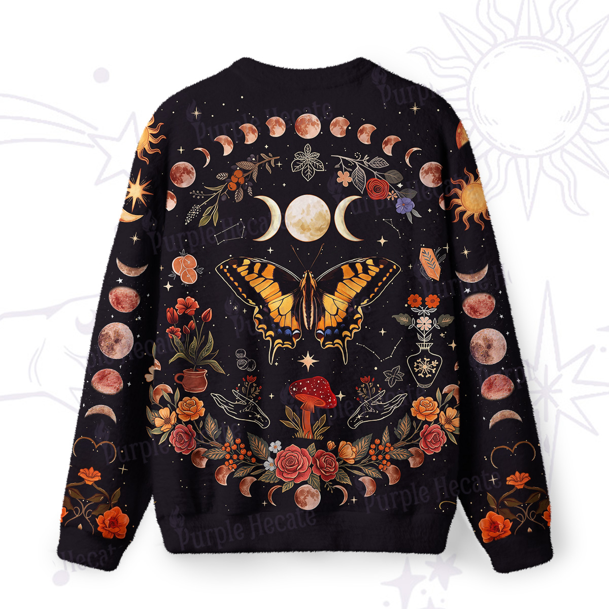 Purplehecate Lunar Phases & Moth Garden Fuzzy Ugly Sweatshirt