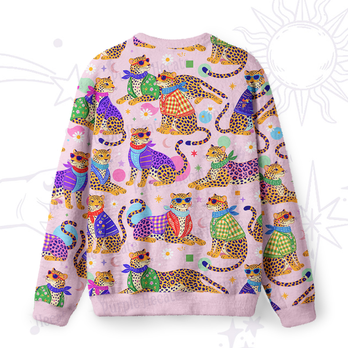 Purplehecate Groovy Jungle Rainbow Leopards Fuzzy Ugly Sweatshirt