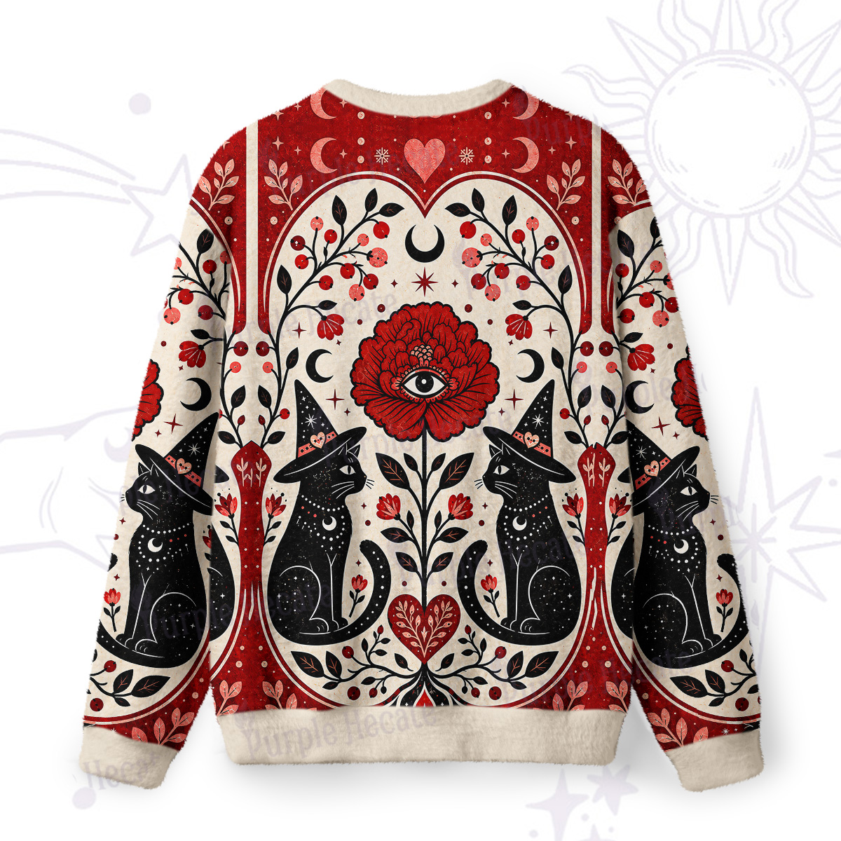 Purplehecate Sacred Cat Floral Fuzzy Ugly Sweatshirt