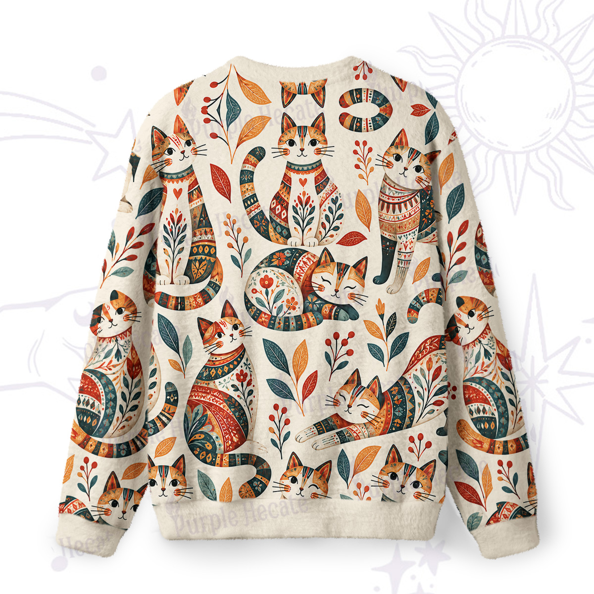 Purplehecate Playful Botanical Folk Art Cat Fuzzy Ugly Sweatshirt