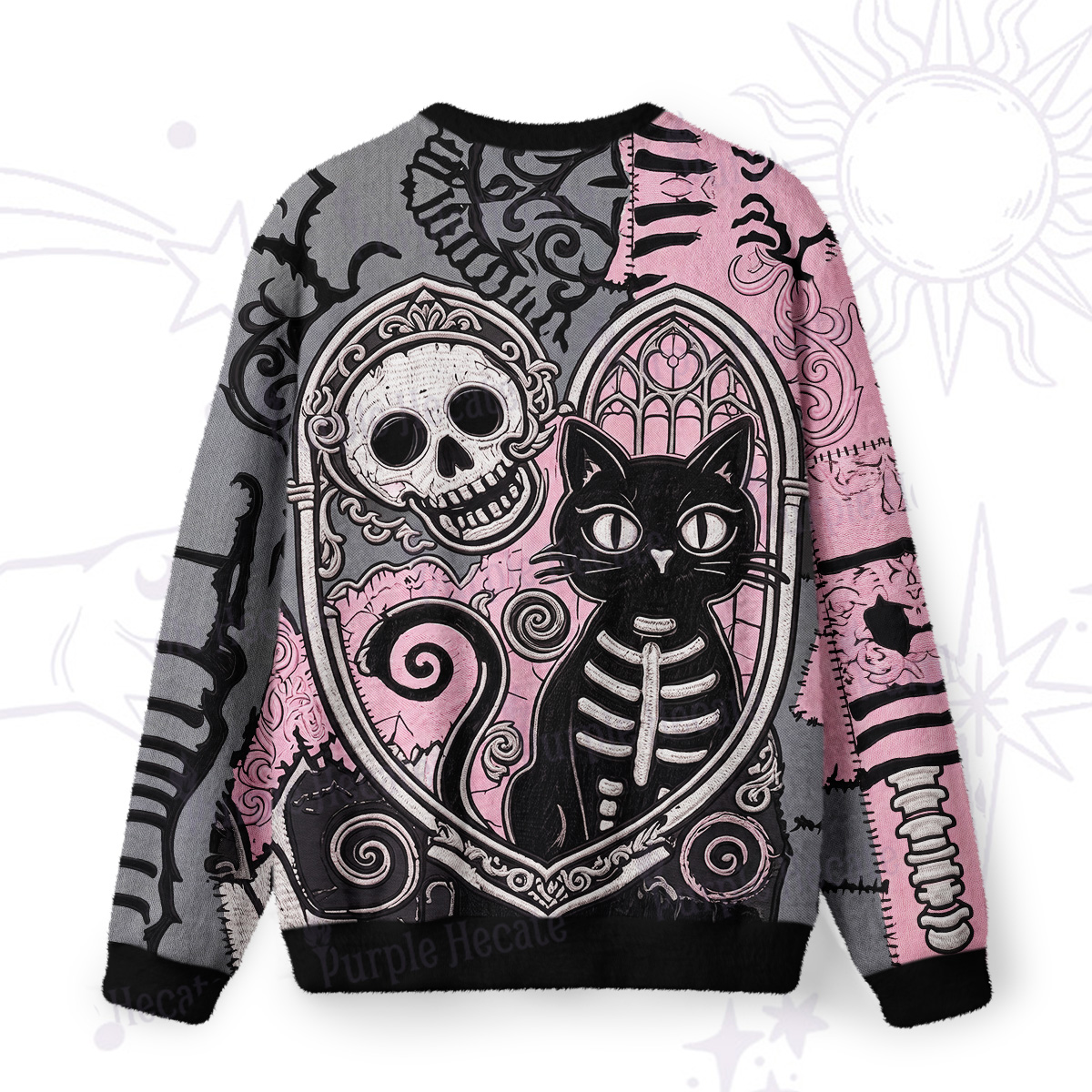 Purplehecate Gothic Skeleton Cat Fuzzy Ugly Sweatshirt
