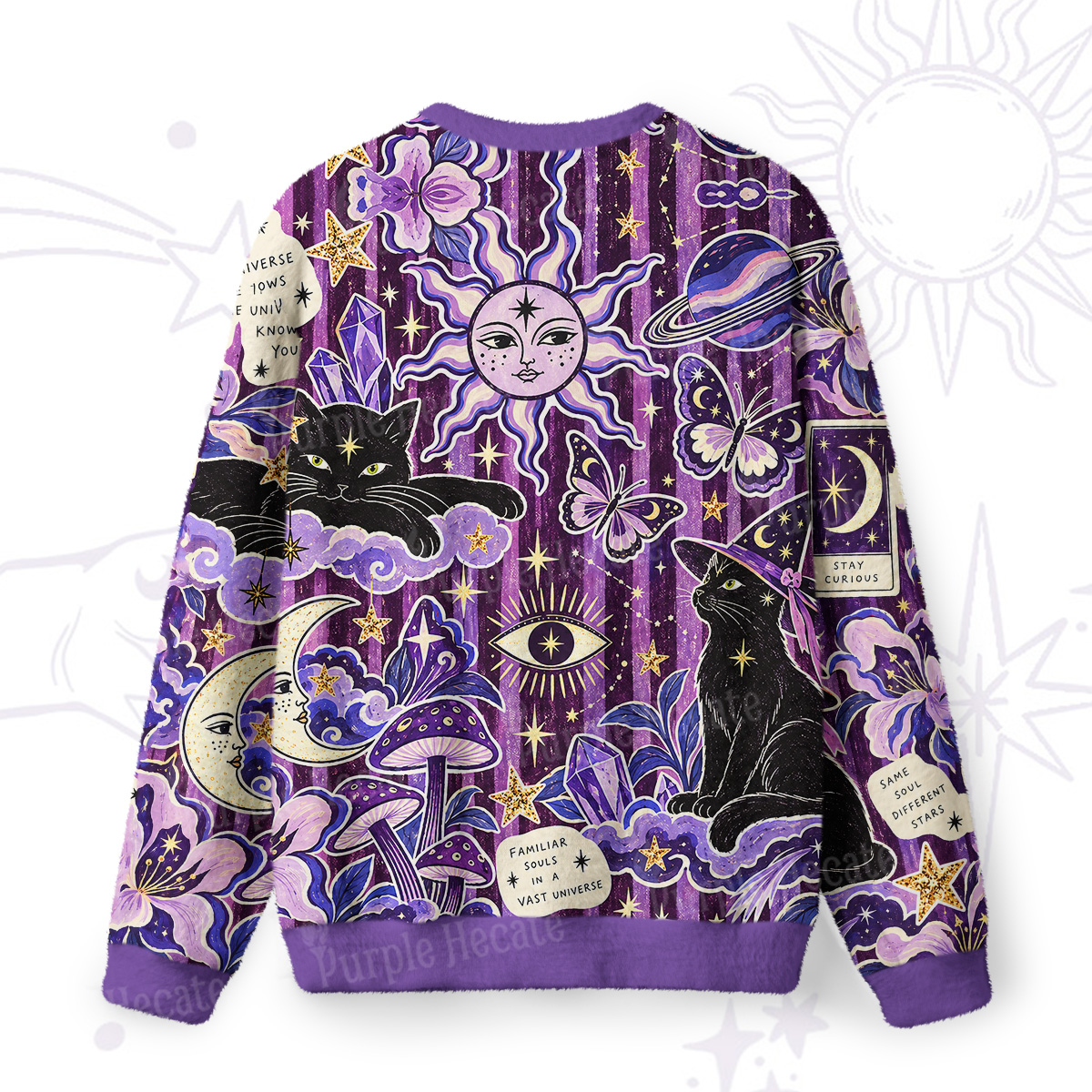 Purplehecate Moon Whispers Black Cat Fuzzy Ugly Sweatshirt