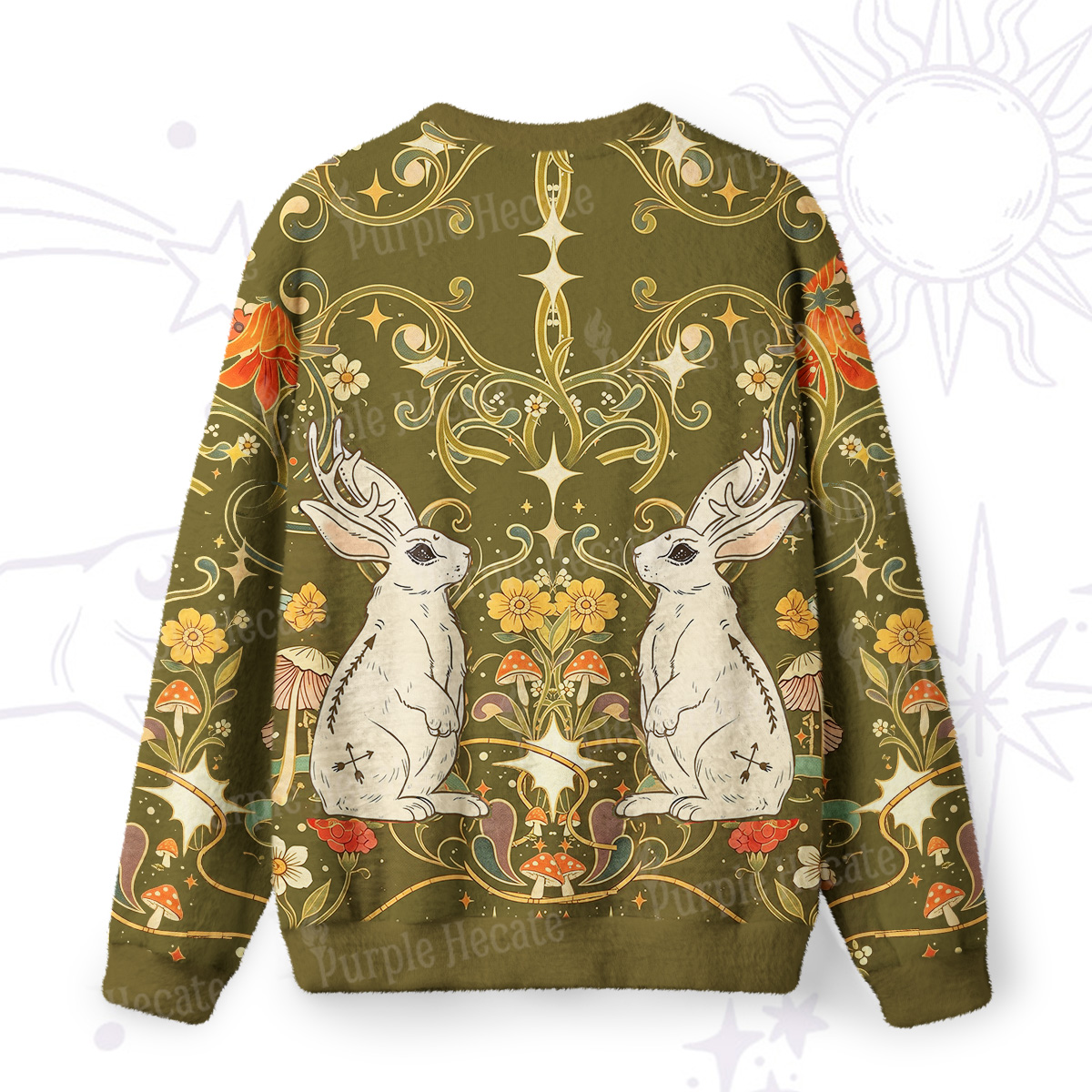 Purplehecate Antlered White Rabbit Secret Forest Fuzzy Ugly Sweatshirt