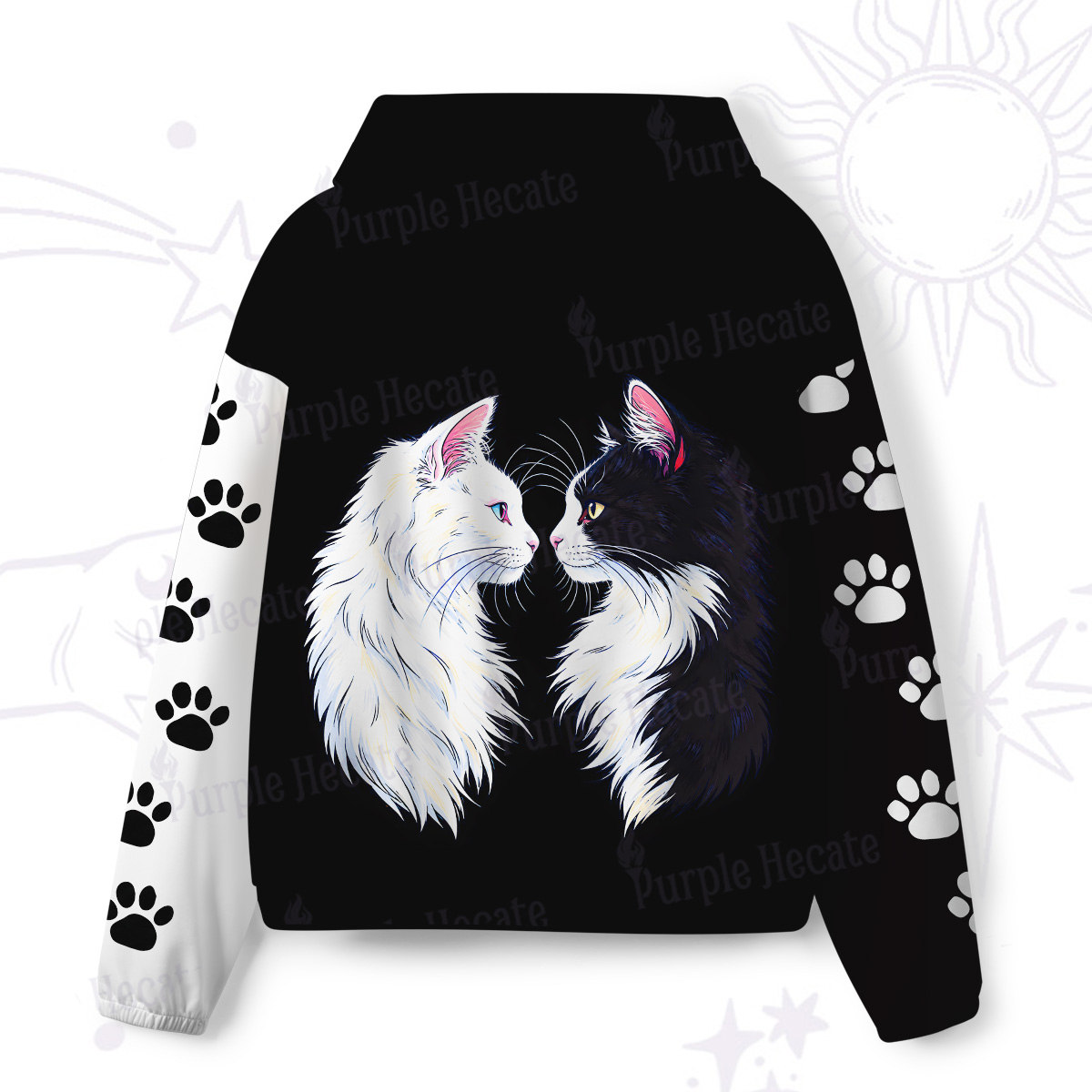 Purplehecate Magical Black & White Guardian Cats All-Over Print Hoodie