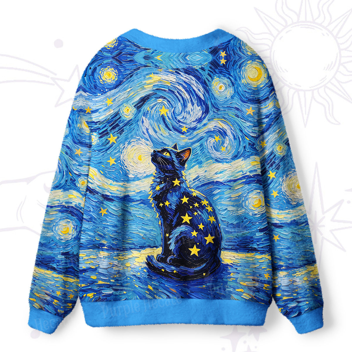 Purplehecate Starry Night Sky Mystical Black Cat Ugly Cardigan Sweaters