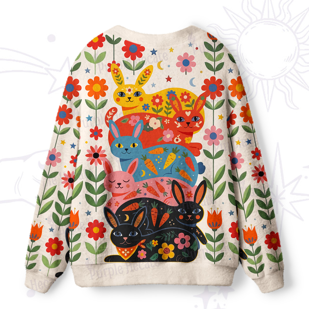 Purplehecate Folk Art Rainbow Floral Bunny Ugly Cardigan Sweaters