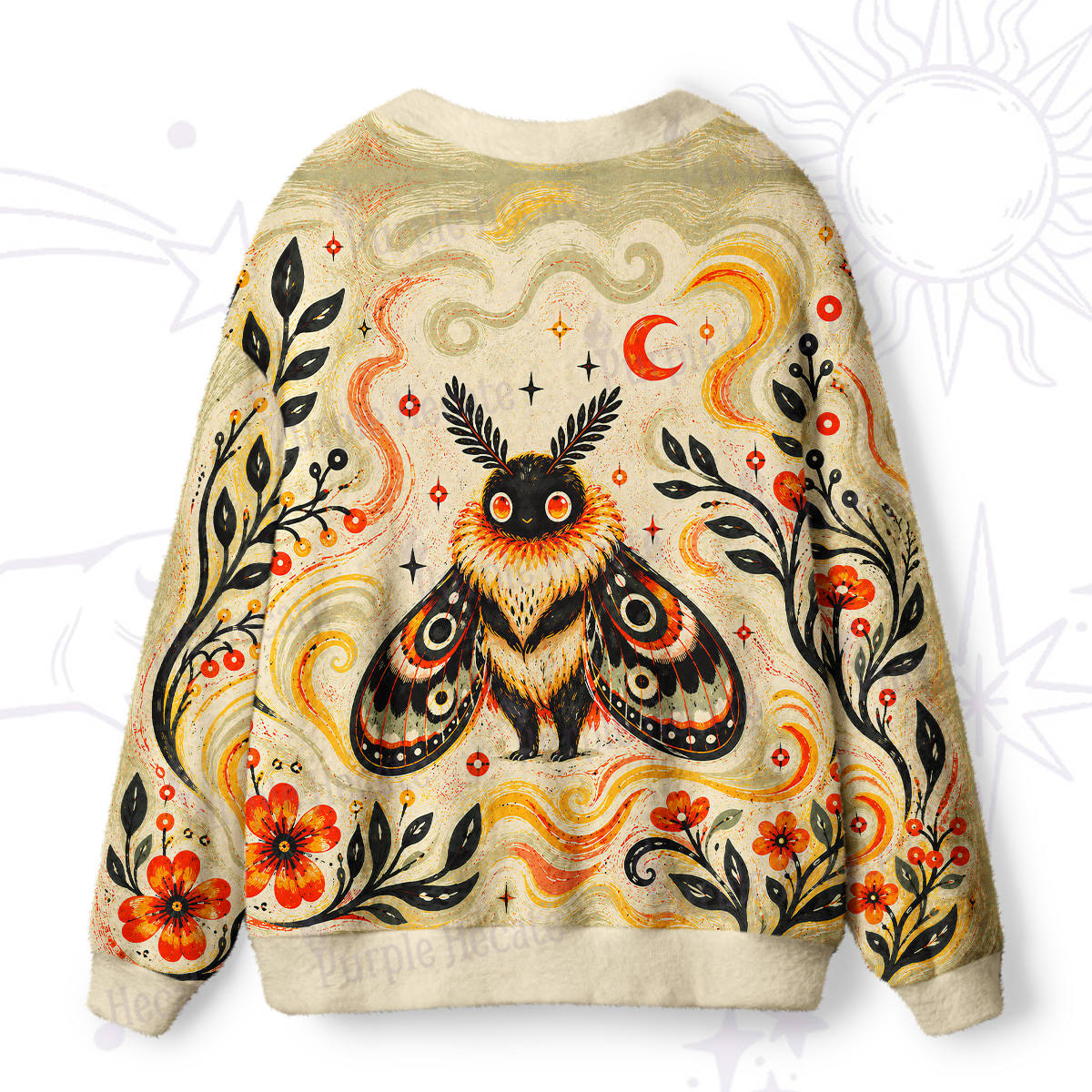 Purplehecate Autumn Moon Moth Guardian Graphic Ugly Cardigan Sweaters