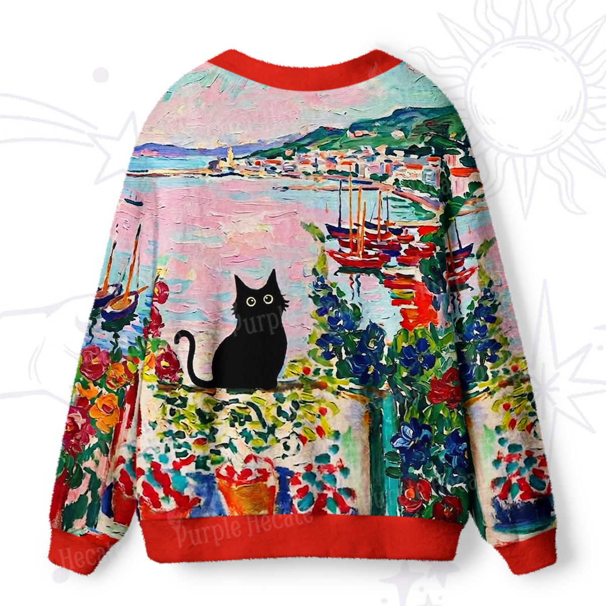 Purplehecate Spring Mystic Black Cat Painting Ugly Cardigan Sweaters