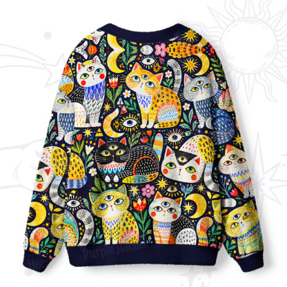 Purplehecate Mystic Third Eye Folk Art Cats Ugly Cardigan Sweaters