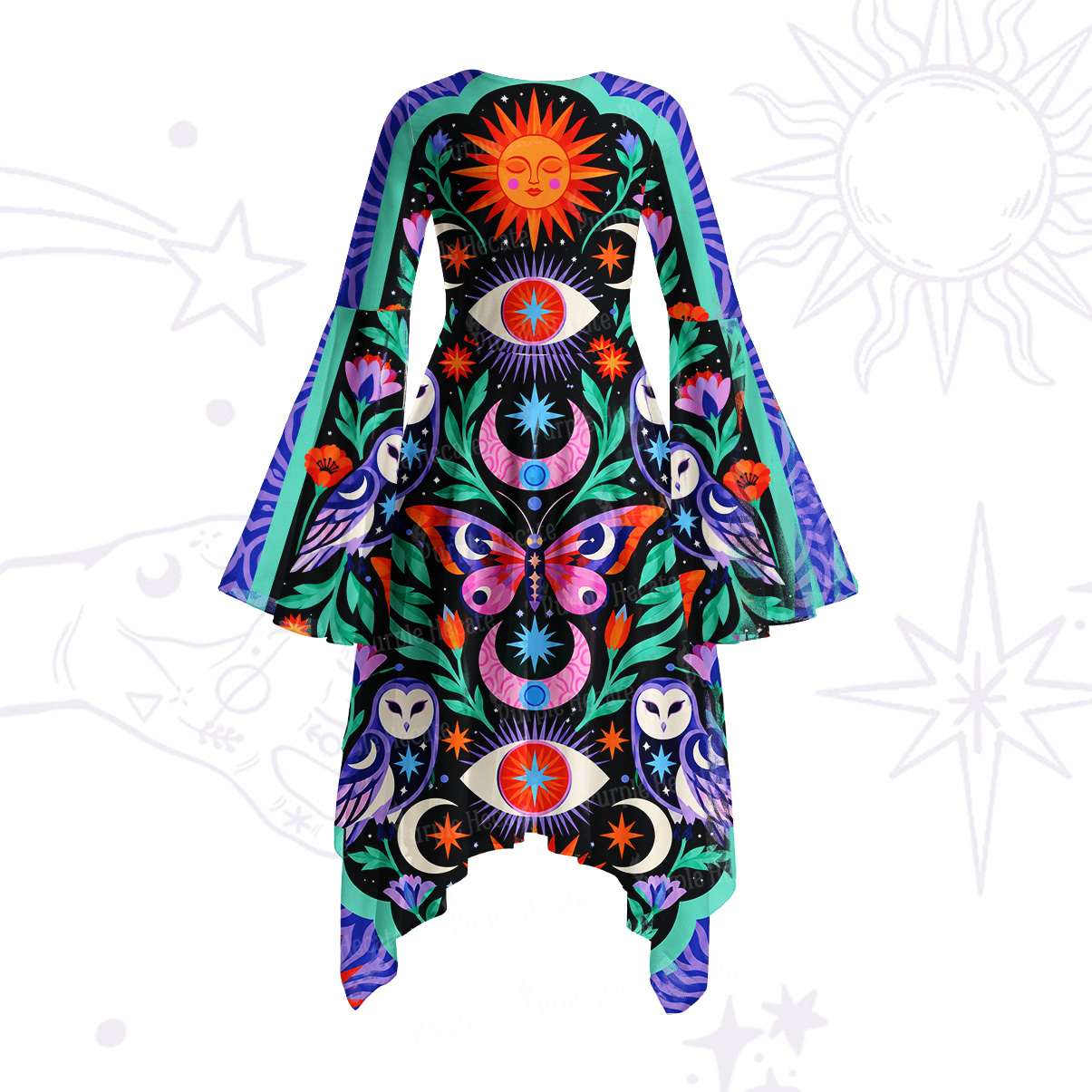 Purplehecate Celestial Owl and Moth Folk Art Bell Sleeve Dress