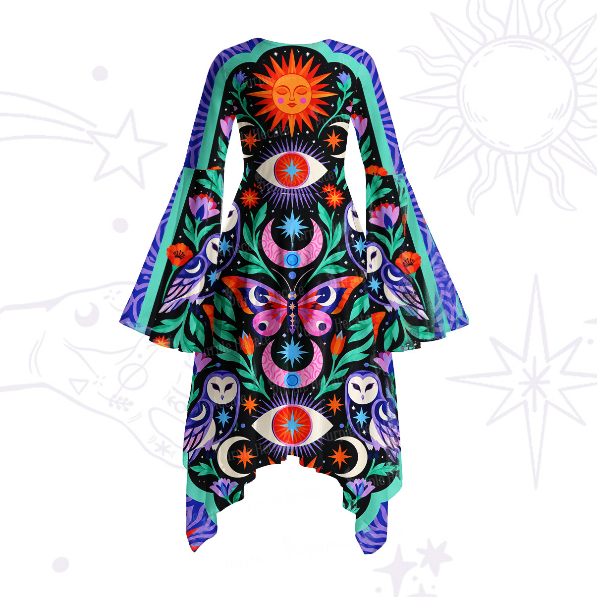 Purplehecate Celestial Owl and Moth Folk Art Bell Sleeve Dress