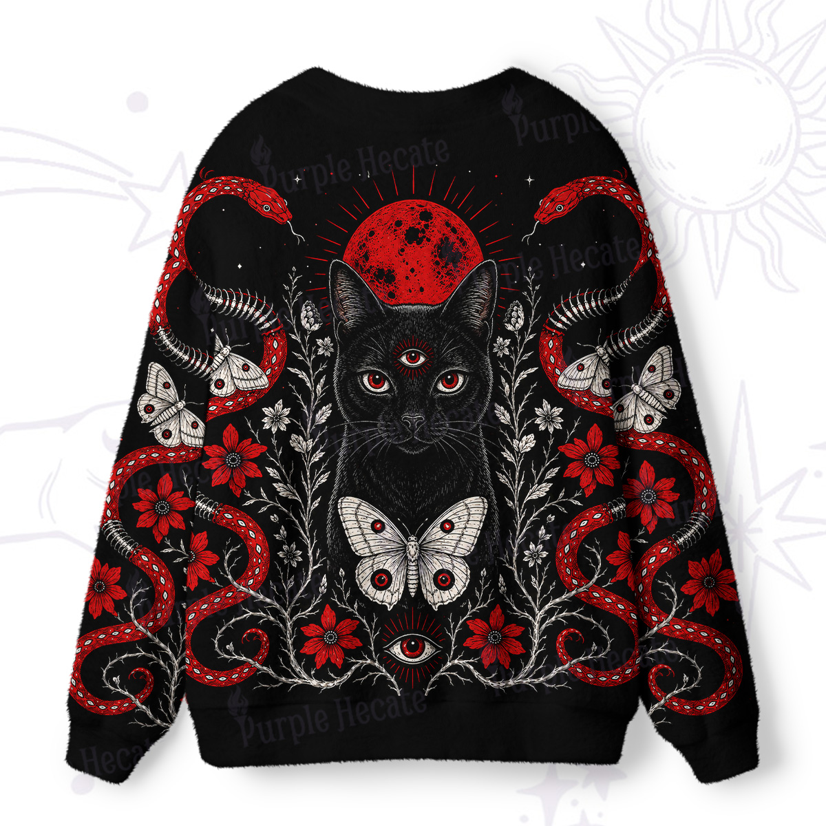 Purplehecate Blood Moon Third‑Eye Black Cat Ugly Cardigan Sweaters