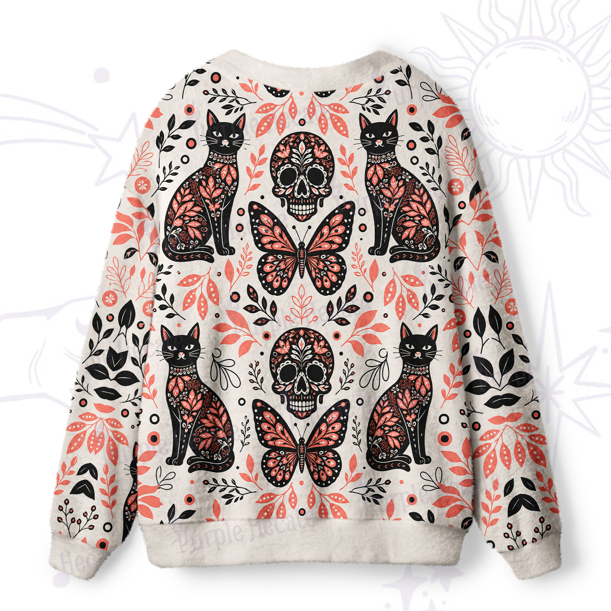 Purplehecate Gothic Cats & Floral Skulls Ugly Cardigan Sweaters