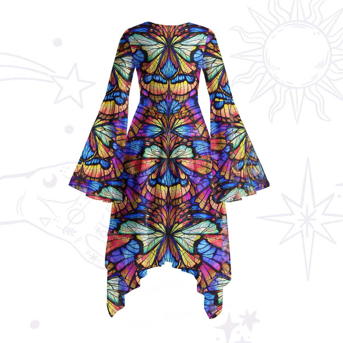 Purplehecate Colorful Butterfly Wing Pattern Bell Sleeve Dress