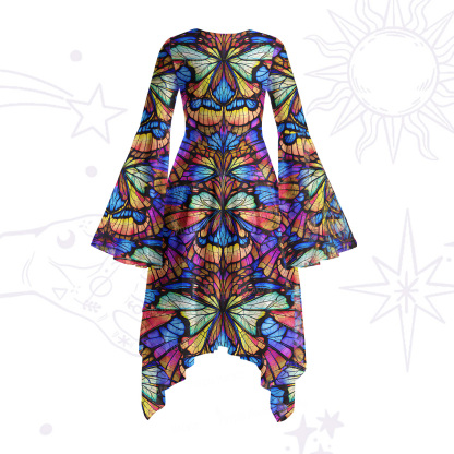 Purplehecate Colorful Butterfly Wing Pattern Bell Sleeve Dress