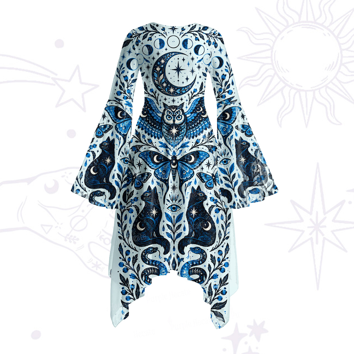 Purplehecate Moonlit Magic Cat & Owl Bell Sleeve Dress