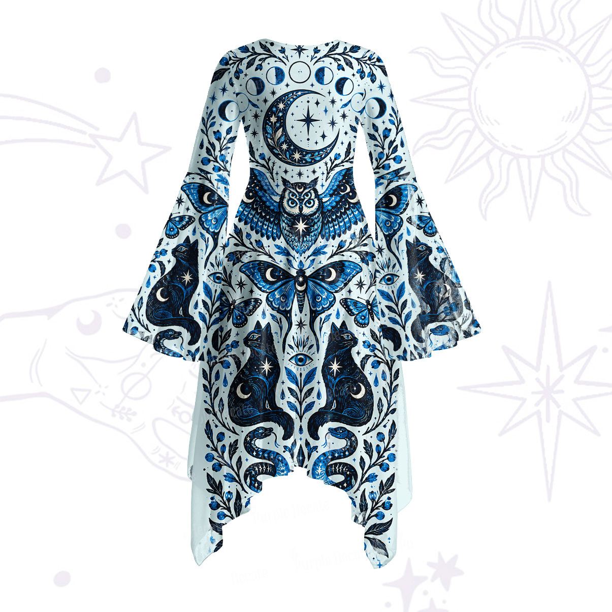 Purplehecate Moonlit Magic Cat & Owl Bell Sleeve Dress