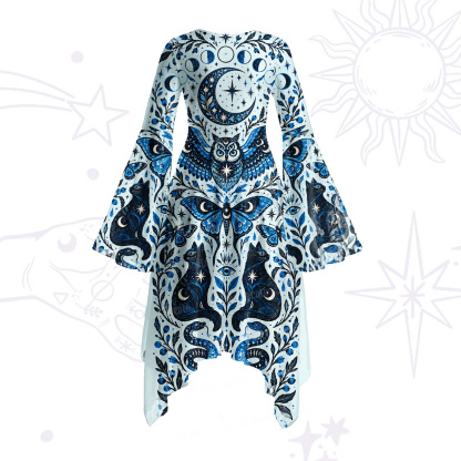 Purplehecate Moonlit Magic Cat & Owl Bell Sleeve Dress