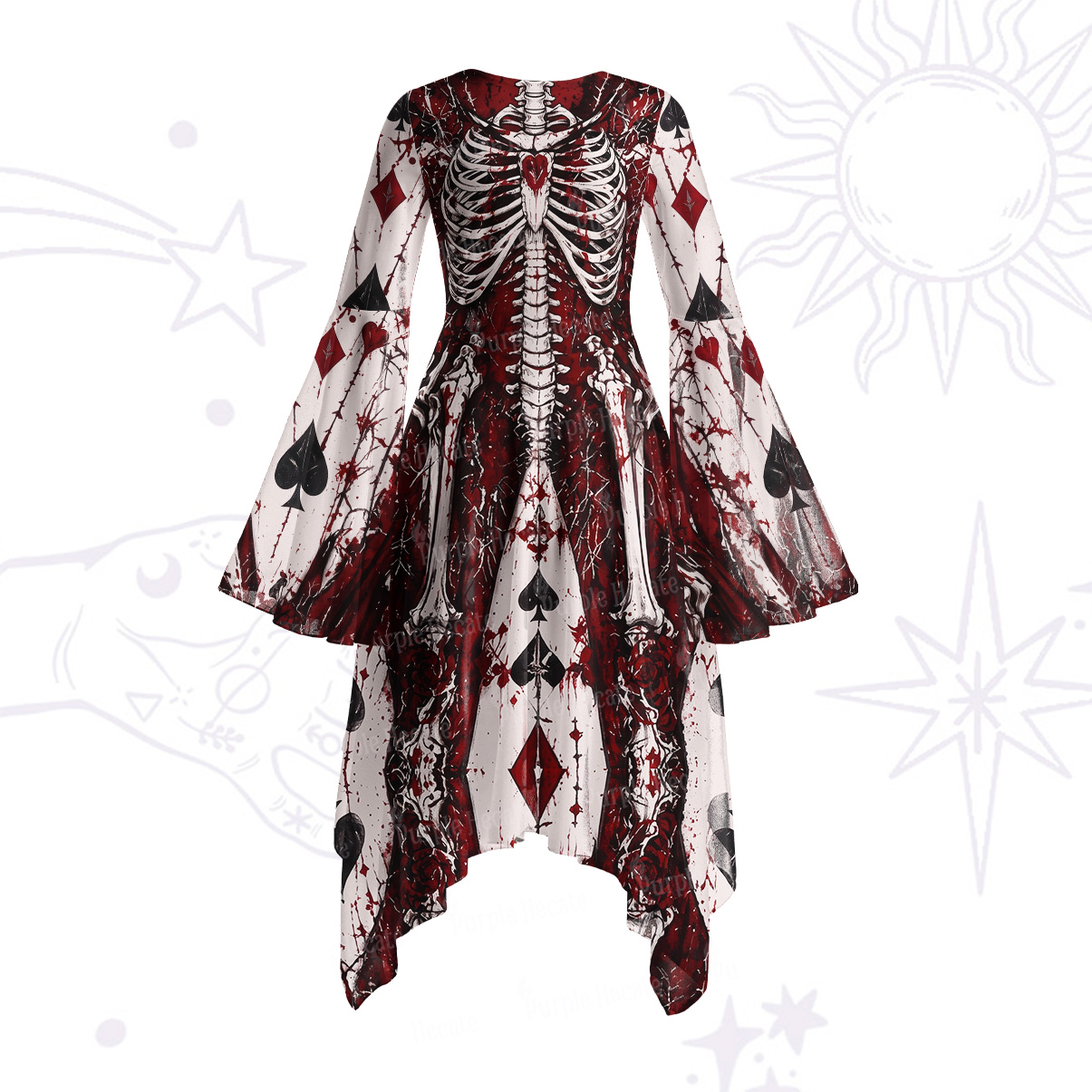 Purplehecate Gothic Bloodbone Card Queen Bell Sleeve Dress