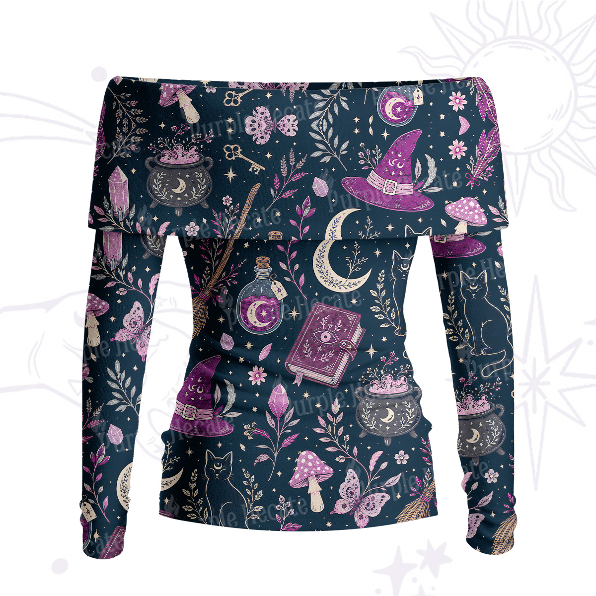 Purplehecate Witchcraft Spellbook Off Shoulder Long Sleeve Knit Top