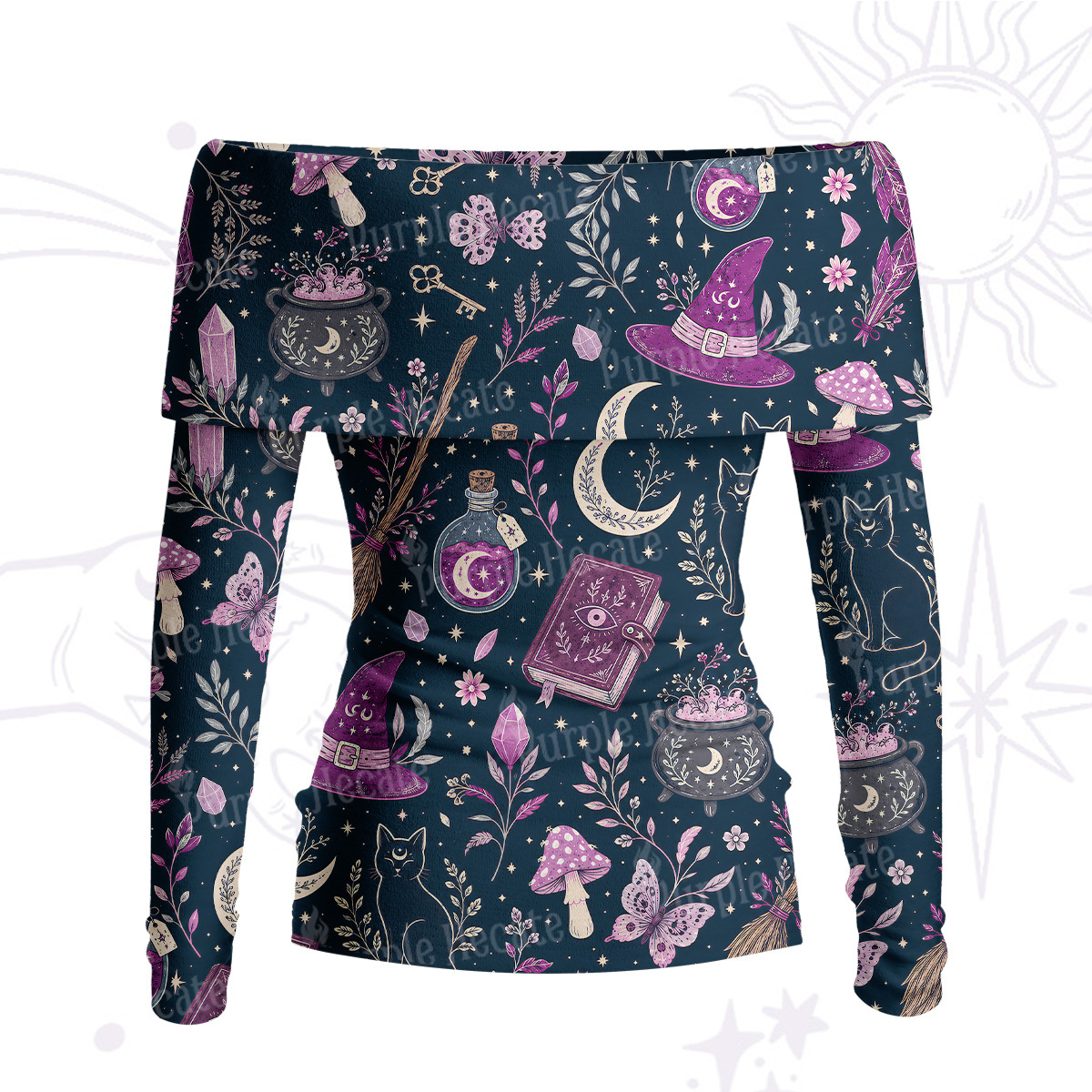 Purplehecate Witchcraft Spellbook Off Shoulder Long Sleeve Knit Top