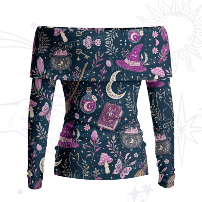 Purplehecate Witchcraft Spellbook Off Shoulder Long Sleeve Knit Top
