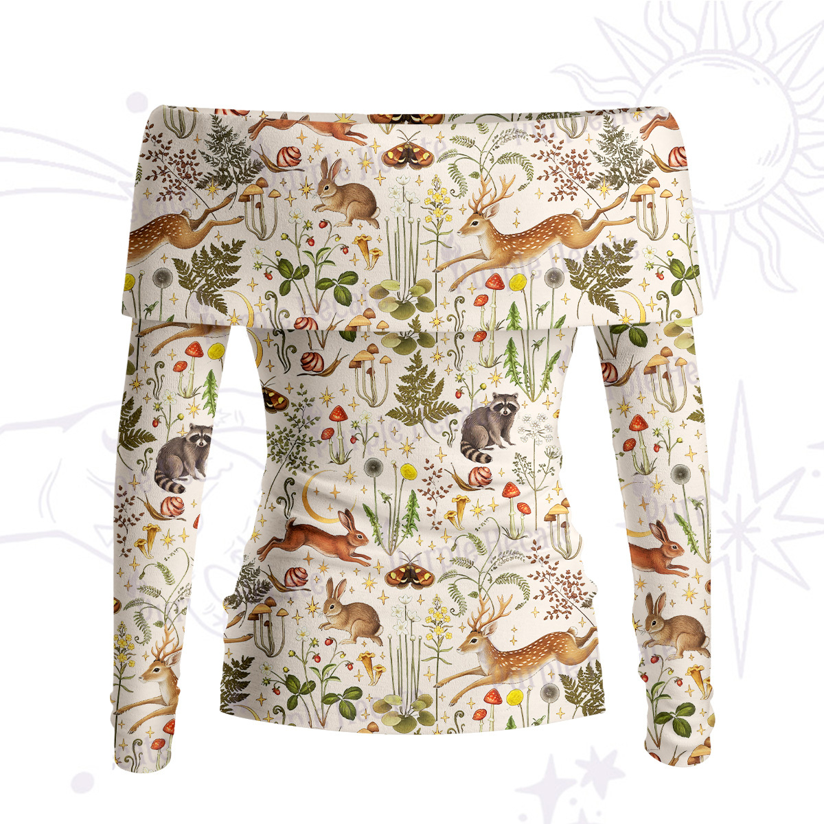Purplehecate Enchanted Forest Animals Off Shoulder Long Sleeve Knit Top