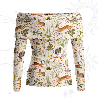 Purplehecate Enchanted Forest Animals Off Shoulder Long Sleeve Knit Top