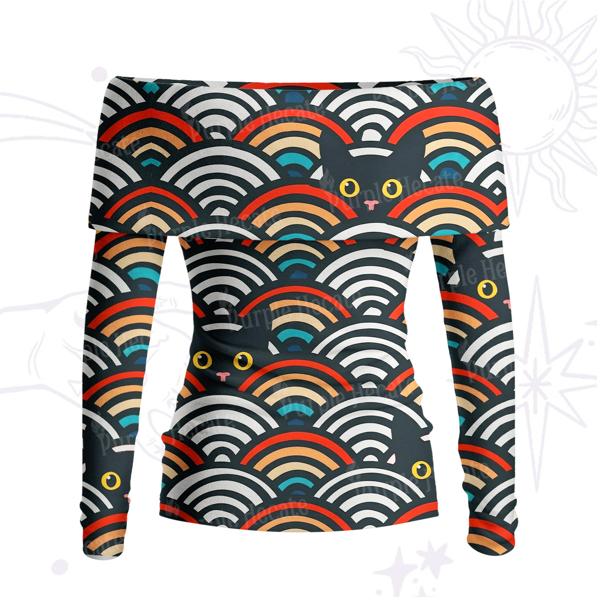 Purplehecate Rainbow Black Cat Waves Off Shoulder Long Sleeve Knit Top