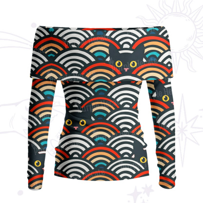 Purplehecate Rainbow Black Cat Waves Off Shoulder Long Sleeve Knit Top