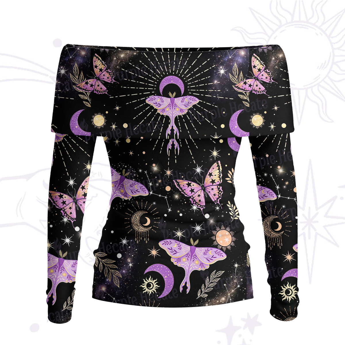 Purplehecate Starry Night Lunar Moth Off Shoulder Long Sleeve Knit Top