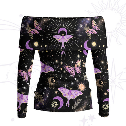Purplehecate Starry Night Lunar Moth Off Shoulder Long Sleeve Knit Top