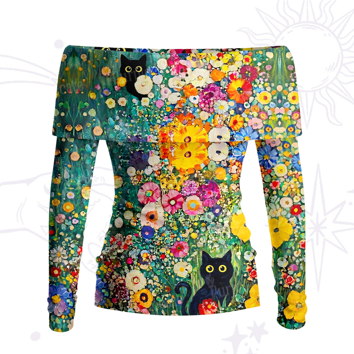 Purplehecate Fluffy Black Cat in Colorful Flower Field Off Shoulder Long Sleeve Knit Top
