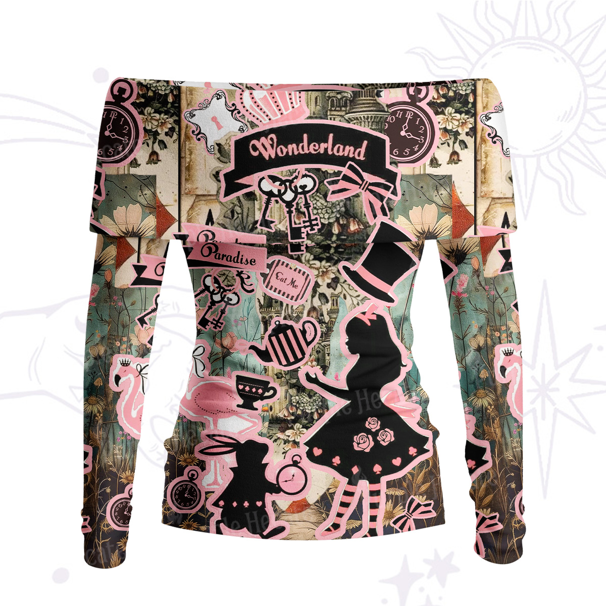 Purplehecate Wonderland Alice's Tea PartyOff Shoulder Long Sleeve Knit Top