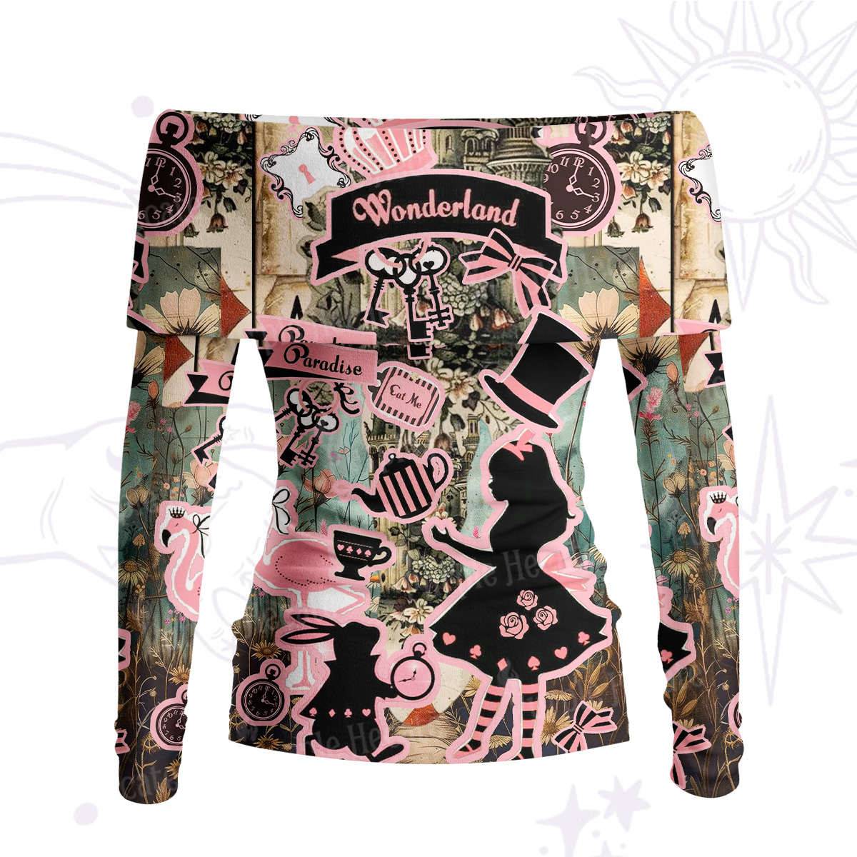 Purplehecate Wonderland Alice's Tea PartyOff Shoulder Long Sleeve Knit Top