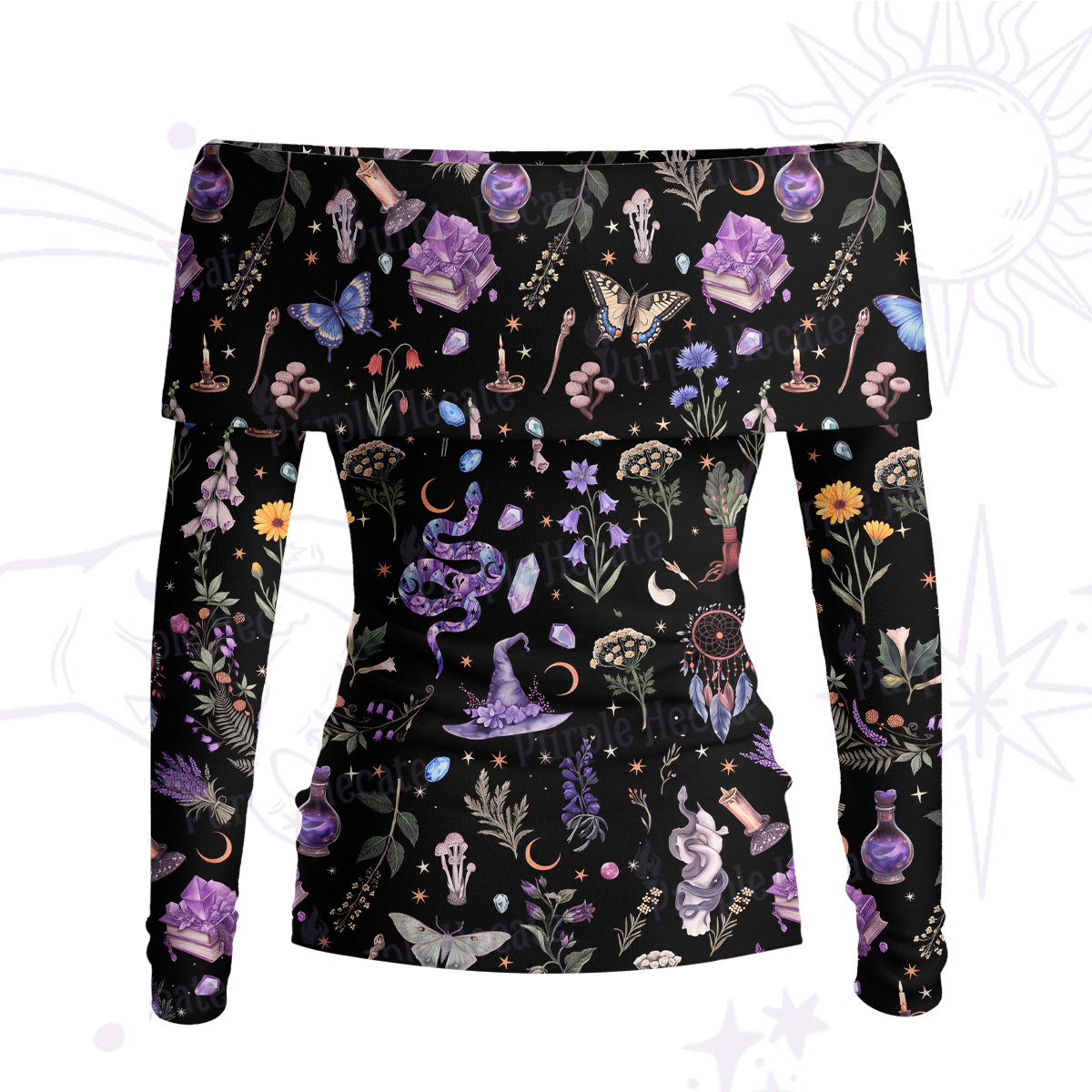 Purplehecate Witchcraft Herbarium Magic Off Shoulder Long Sleeve Knit Top