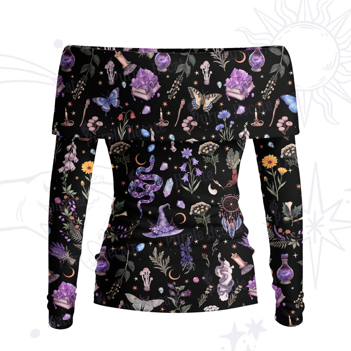 Purplehecate Witchcraft Herbarium Magic Off Shoulder Long Sleeve Knit Top