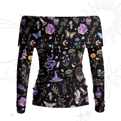 Purplehecate Witchcraft Herbarium Magic Off Shoulder Long Sleeve Knit Top