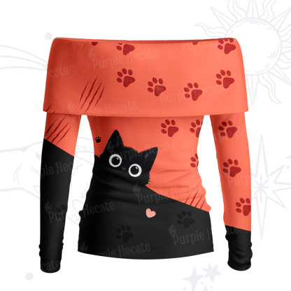 Purplehecate Peekaboo Black Cat Paw Off Shoulder Long Sleeve Knit Top