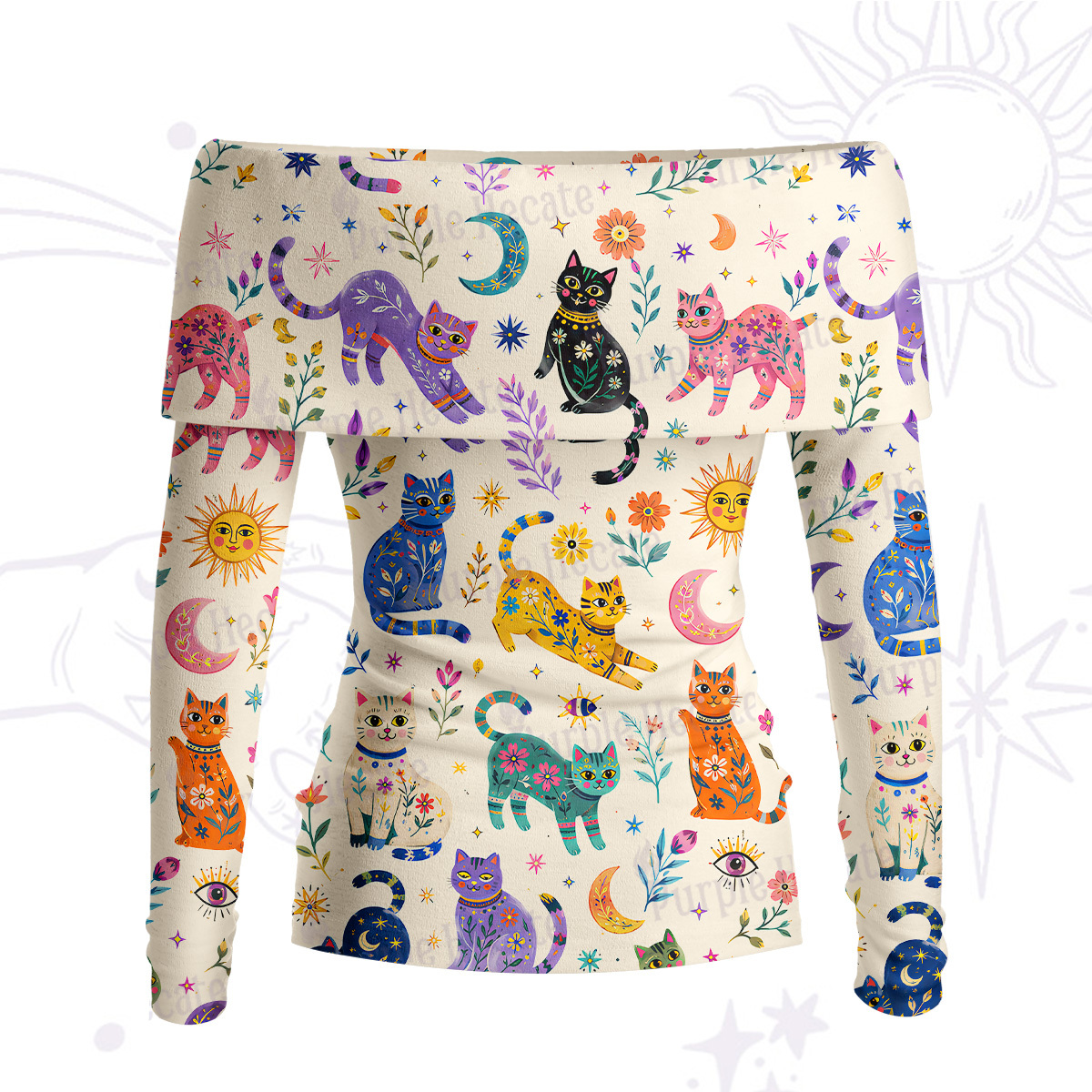 Purplehecate Rainbow Magic Cats Off Shoulder Long Sleeve Knit Top
