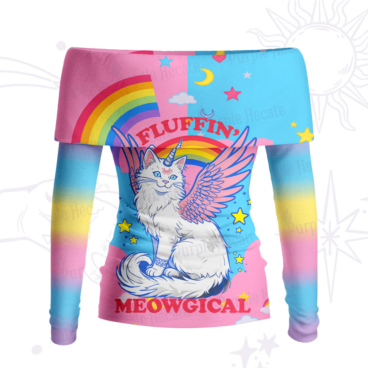 Purplehecate Fluffin Meowgical Off Shoulder Long Sleeve Knit Top